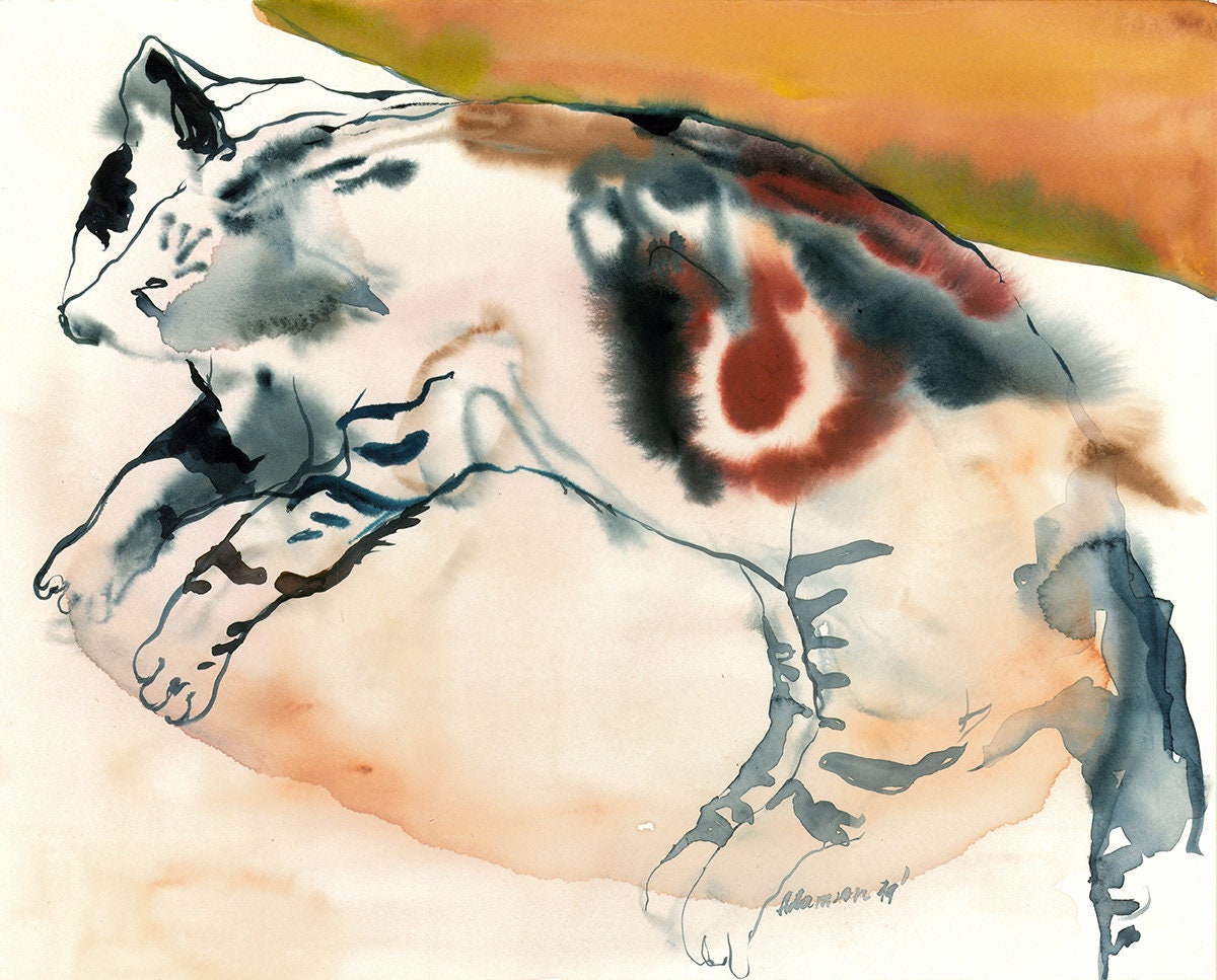 Primitive cat art - watercolor original painting. Tabby kitty water color drawing