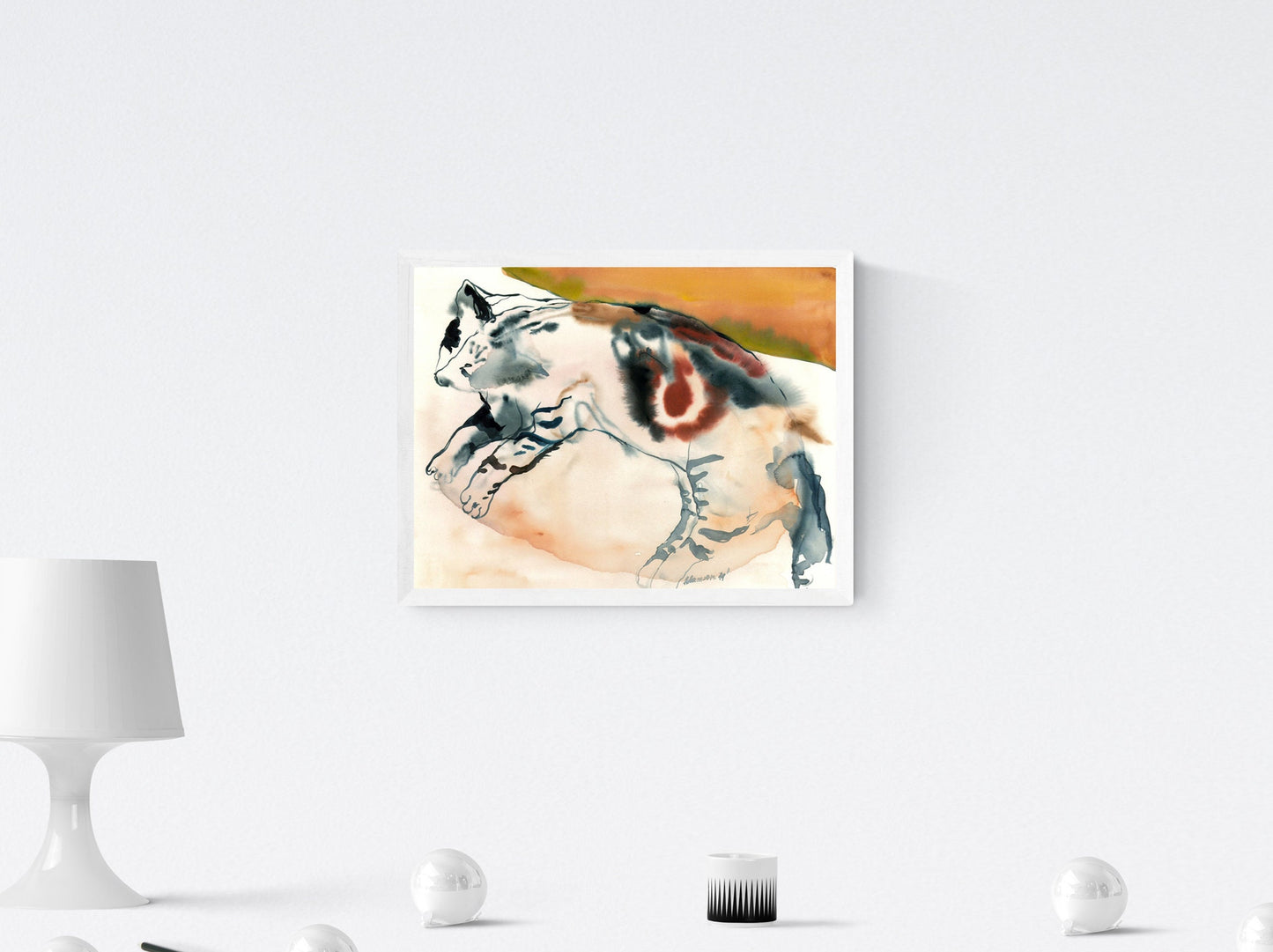 Primitive cat art - watercolor original painting. Tabby kitty water color drawing