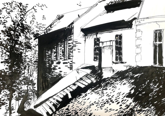 House sketch - pen and ink drawing - black and white wall art