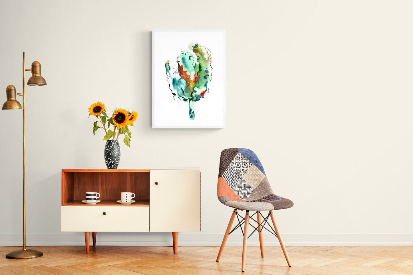 Tulip wall art - original watercolor painting. Blue Green Parrot tulip. Contemporary teal abstract water color