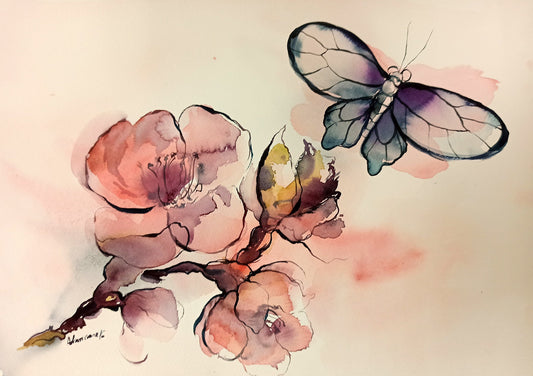 Apple Blossom Art - Flower and Butterfly Original pink watercolor painting