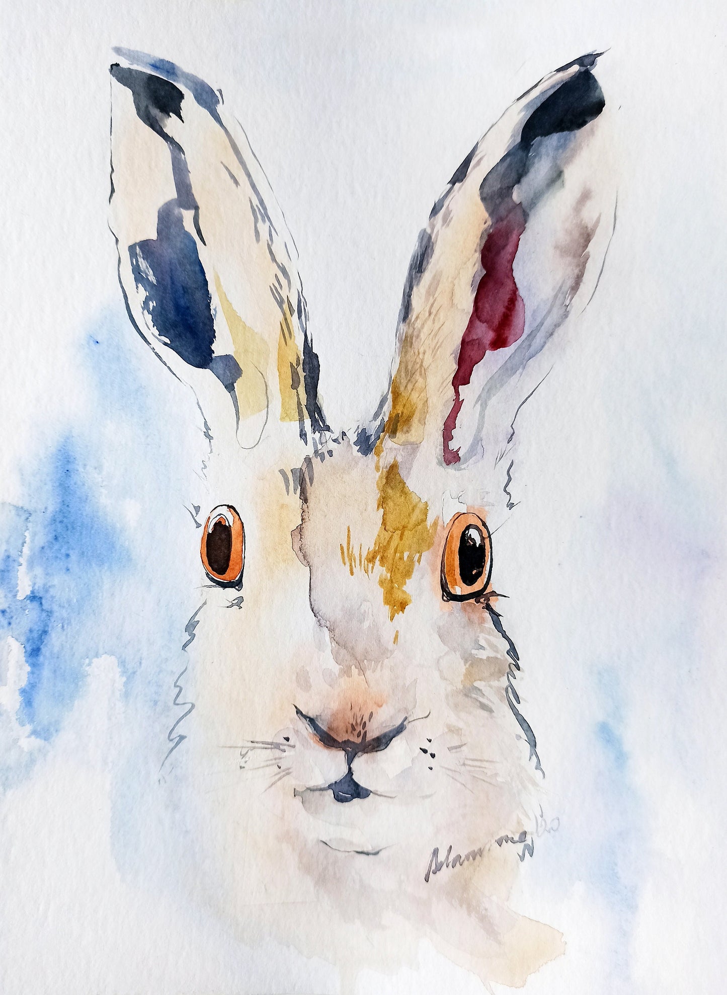Bunny painting - Hare watercolor original art. Contemporary watercolour.