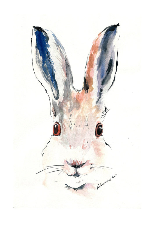 Watercolor blue and pink bunny wall art - digital art print A4, A3, 8x11, 11x16