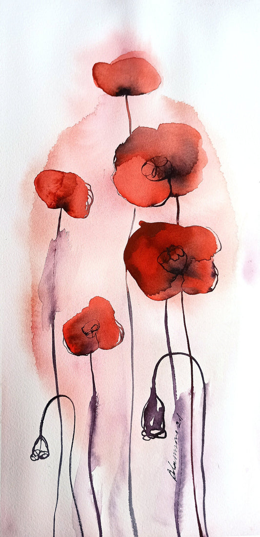 Poppy Painting - Abstract Watercolor Original Floral wall art for hotel, office or home