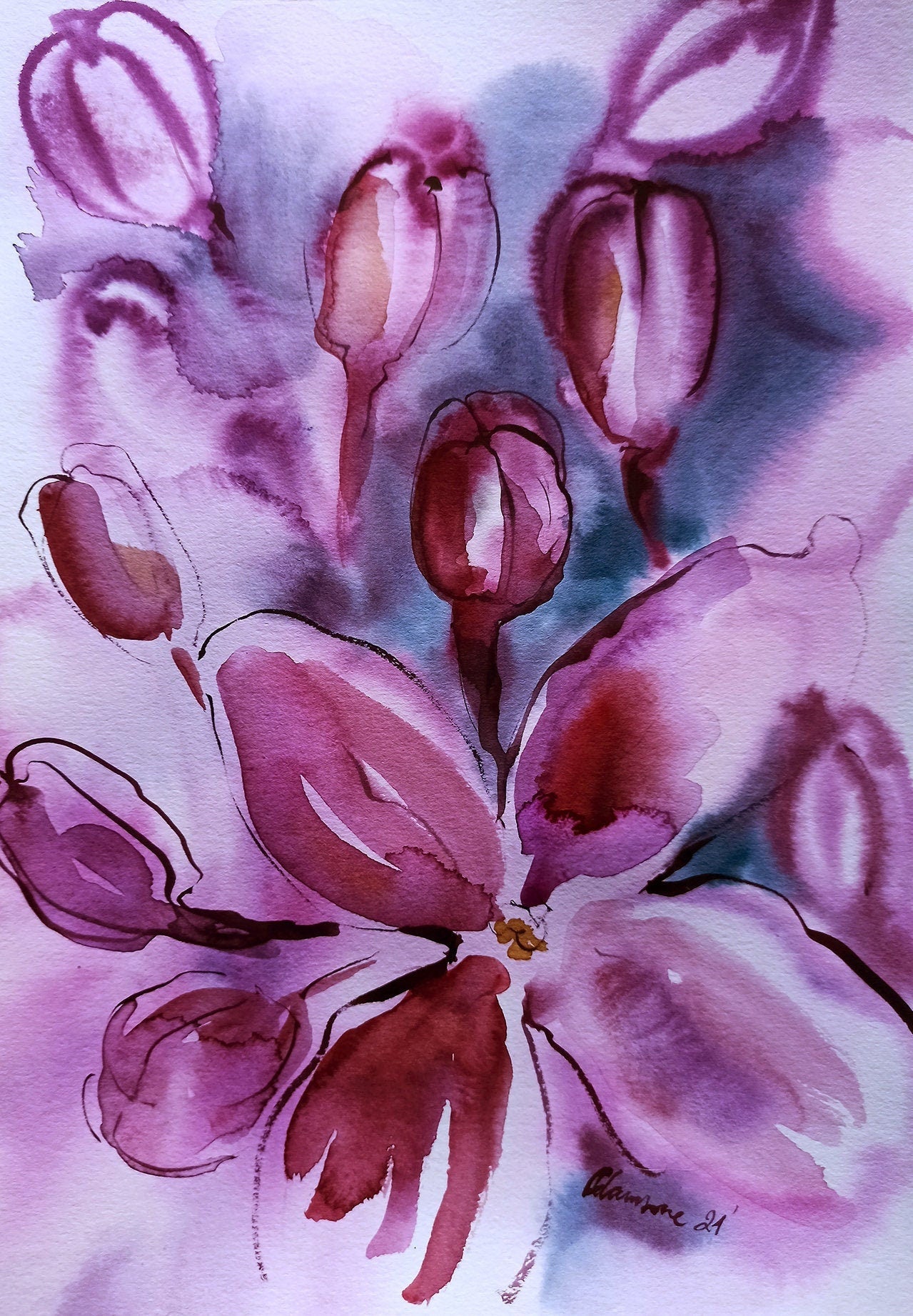 Wildflower painting - original purple lilac flower watercolor art