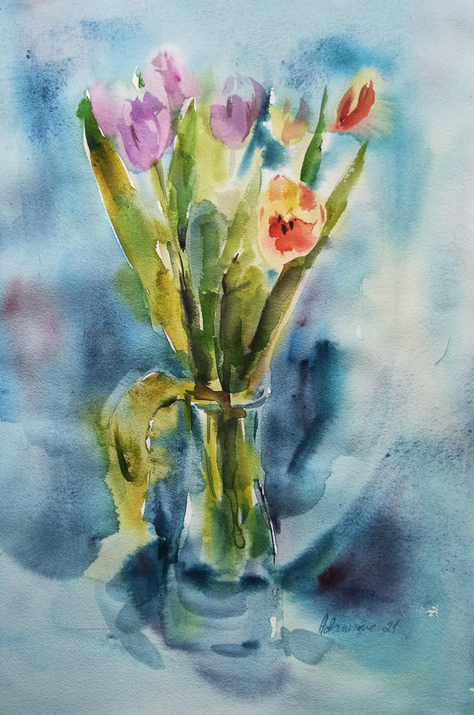 Turquoise watercolor painting of tulips - original wall art for home