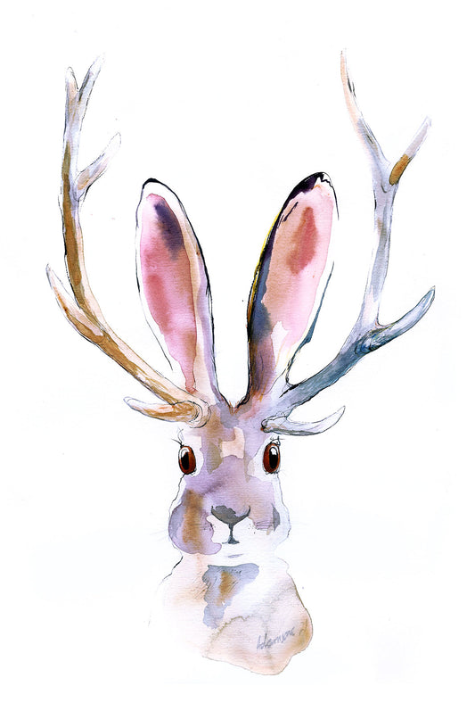 Jackalope Print - Bunny Deer Wall Art - watercolor