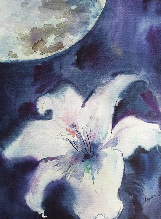 Moon and flower watercolor painting - original watercolor moon and flower watercolor wall art