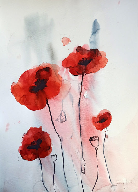 Red poppies watercolor painting - original. Contemporary floral water color art for home