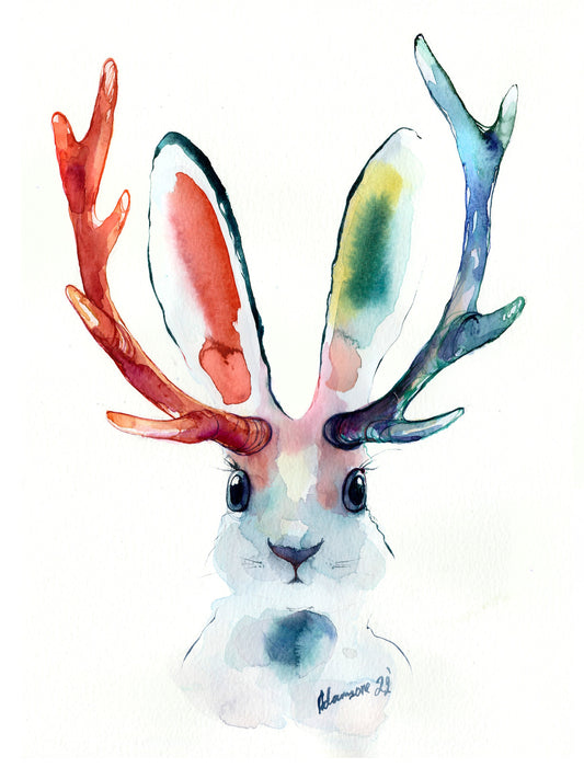 Jackalope painting - original watercolor art. Contemporary water colour. Jackrabbit watercolour