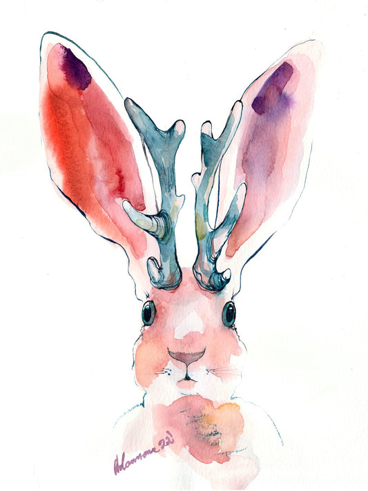 Jackalope painting - original watercolor wall art. Contemporary water colour picture