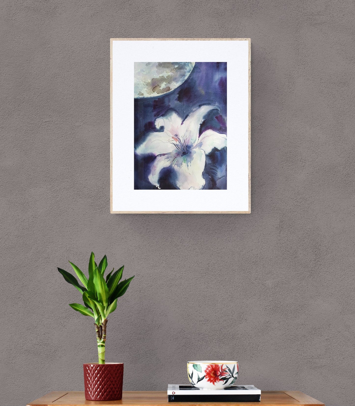 Moon and flower watercolor painting - original watercolor moon and flower watercolor wall art