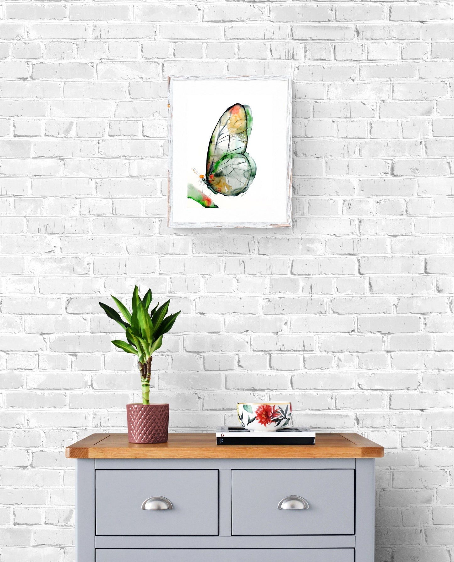 Butterfly Art Print, Green and Yellow Watercolor Nature Room Decor