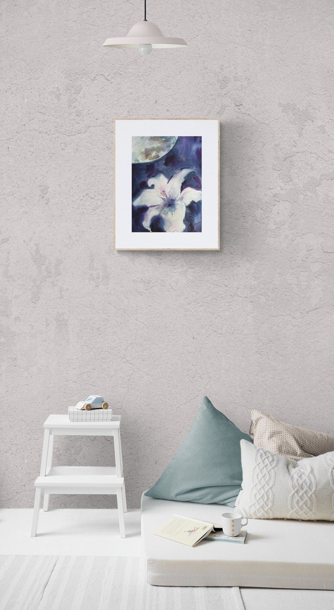 Moon and flower watercolor painting - original watercolor moon and flower watercolor wall art