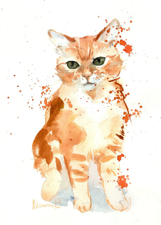 Orange tabby cat wall art - watercolor original painting. Ginger kitty water color custom drawing