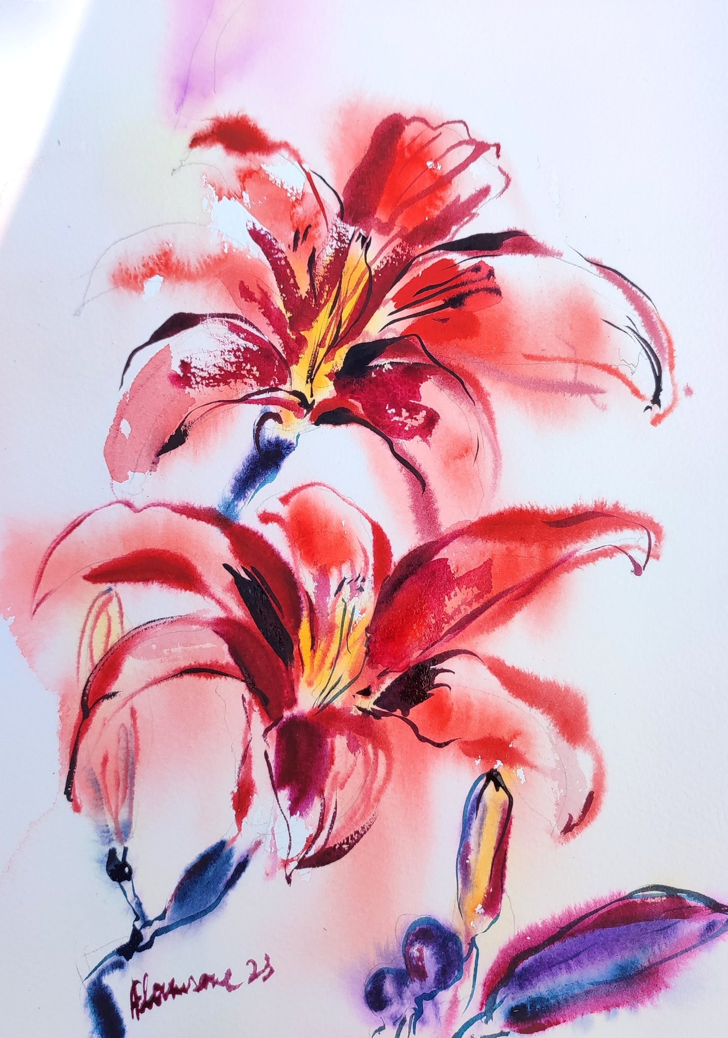 Tiger lily painting - Original stargazer lily red watercolor painting. Floral wall art for home.