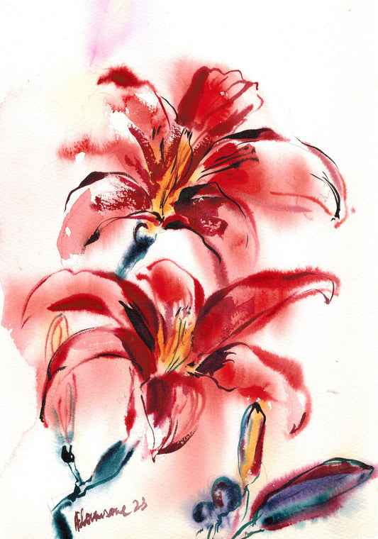 Tiger lily painting - Original stargazer lily red watercolor painting. Floral wall art for home.