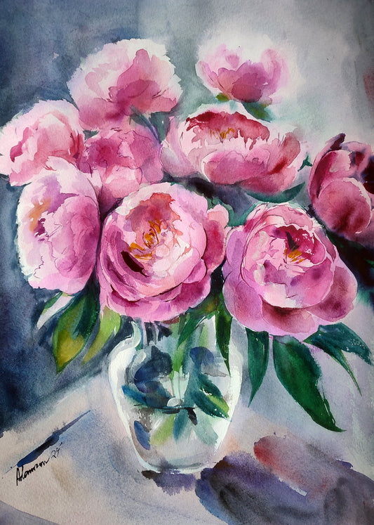 Peonies watercolor painting - original flowers watercolor wall art