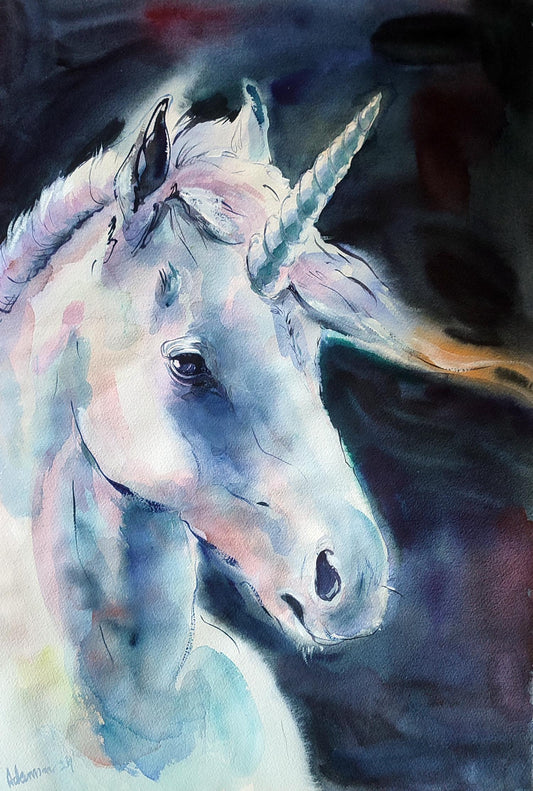 Mystical Unicorn Watercolor Painting, Original Hand-Painted Fantasy Art