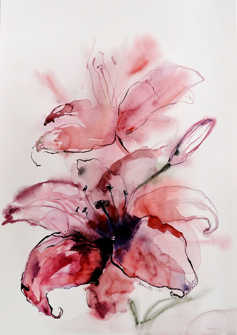 Lily painting - Original pink watercolor painting of a flower. Floral wall art for home.