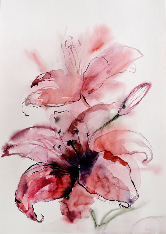 Lily painting - Original pink watercolor painting of a flower. Floral wall art for home.