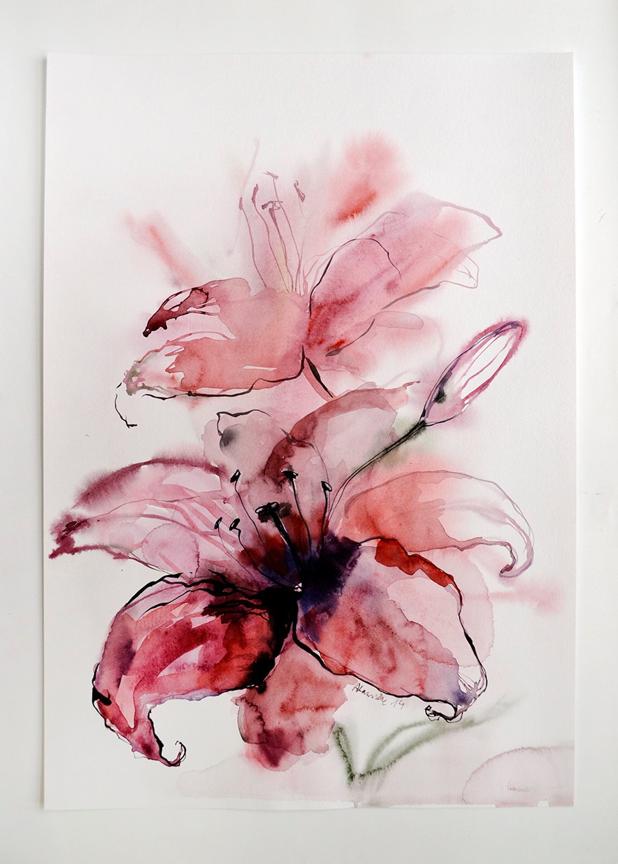 Lily painting - Original pink watercolor painting of a flower. Floral wall art for home.