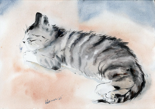 Cute Sleeping Kitten - Original Watercolor Painting. Cat Watercolour Wall Art. Nursery Water Color Decor Kittens