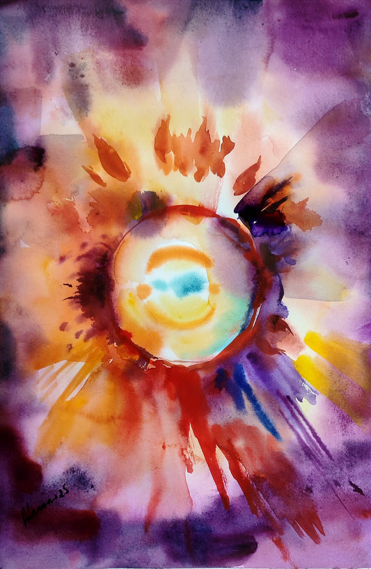 Sun abstract original hand painted watercolor painting