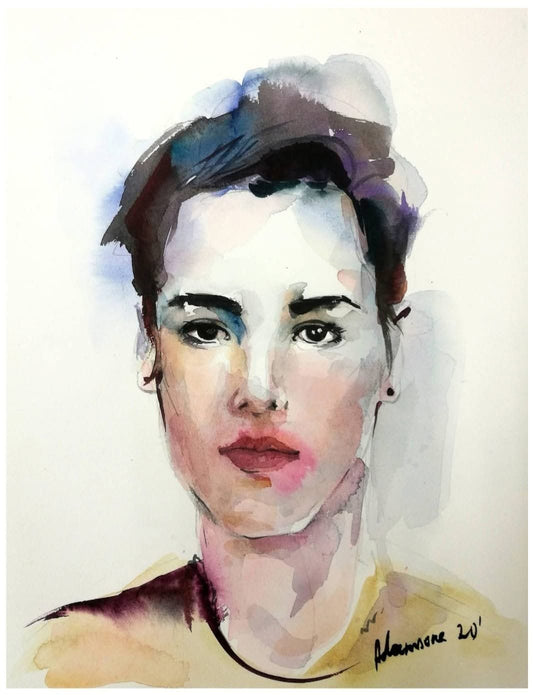 Watercolor portrait of a woman with short black hair