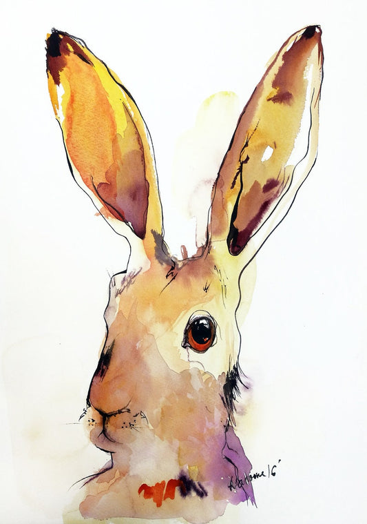 Hare original watercolor painting. Unusual birthday present. Wall art - Cute bunny watercolour picture. Contemporary water color drawing